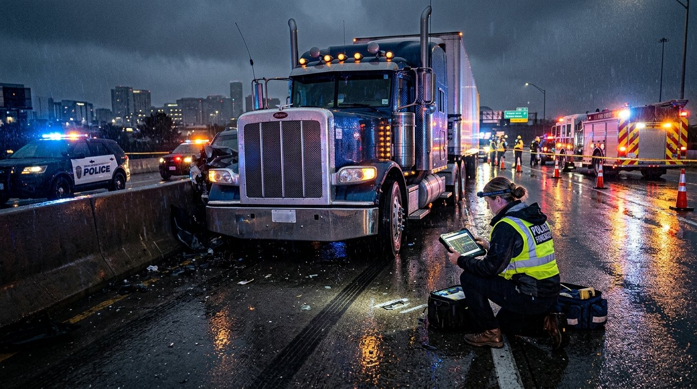 Commercial 18-wheeler semi-truck crash investigation with forensic technician analyzing telematics tablet