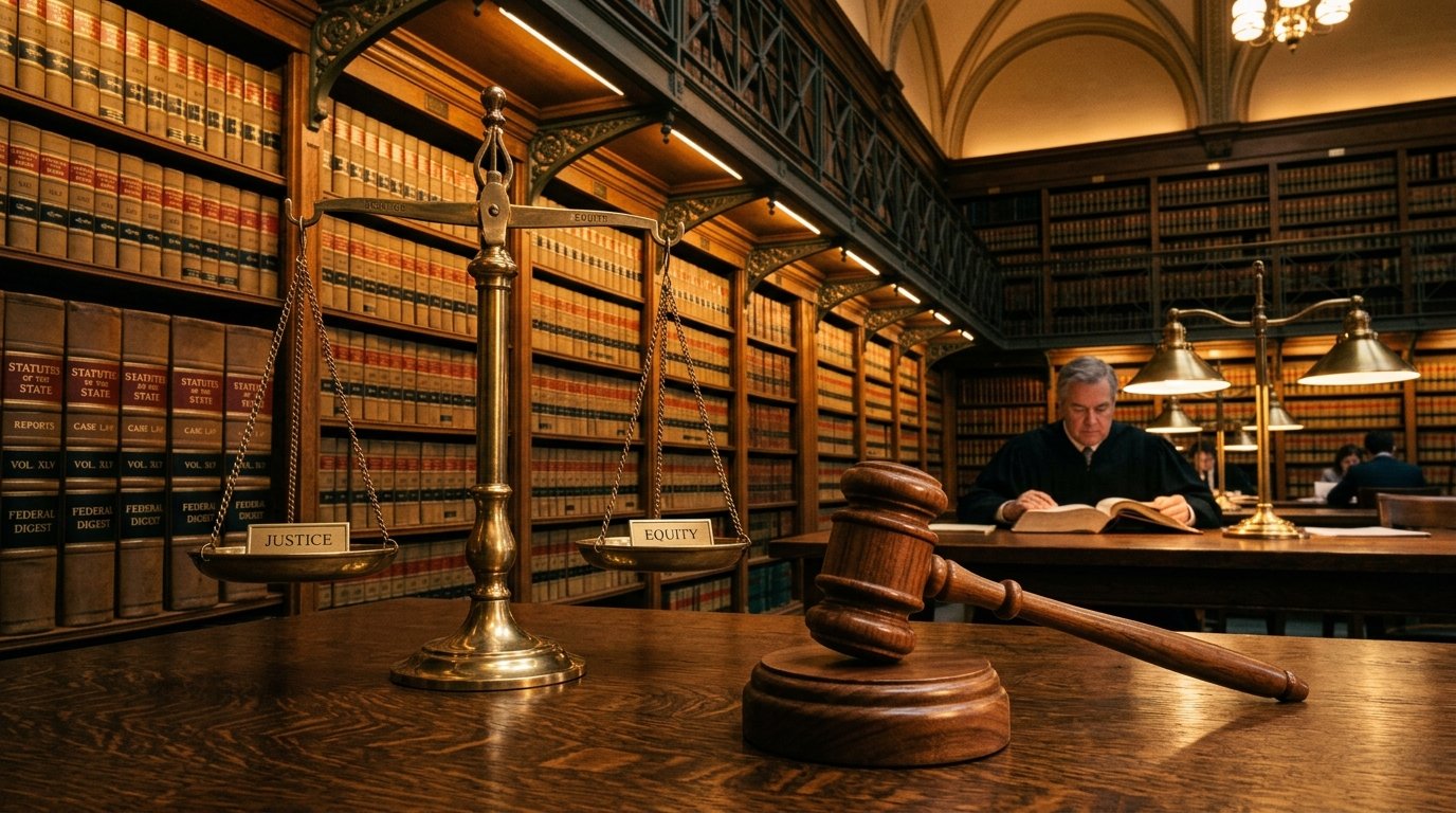 Scales of justice, judge gavel, and leather-bound statutory codes in state law library