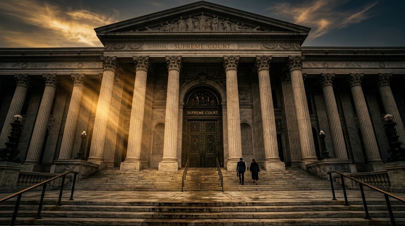 Illustrative courthouse architecture in warm evening light