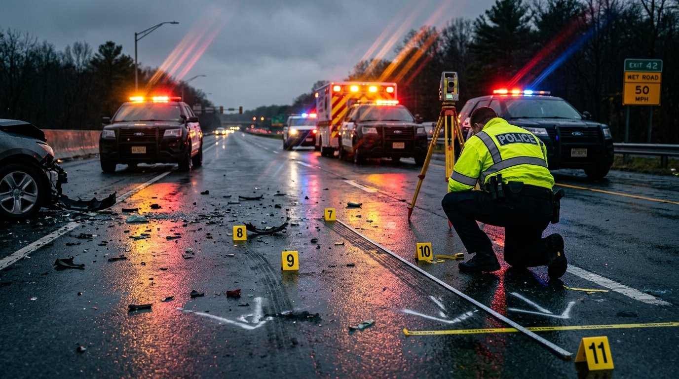 Forensic motor vehicle accident investigation with police evidence markers and emergency telemetry