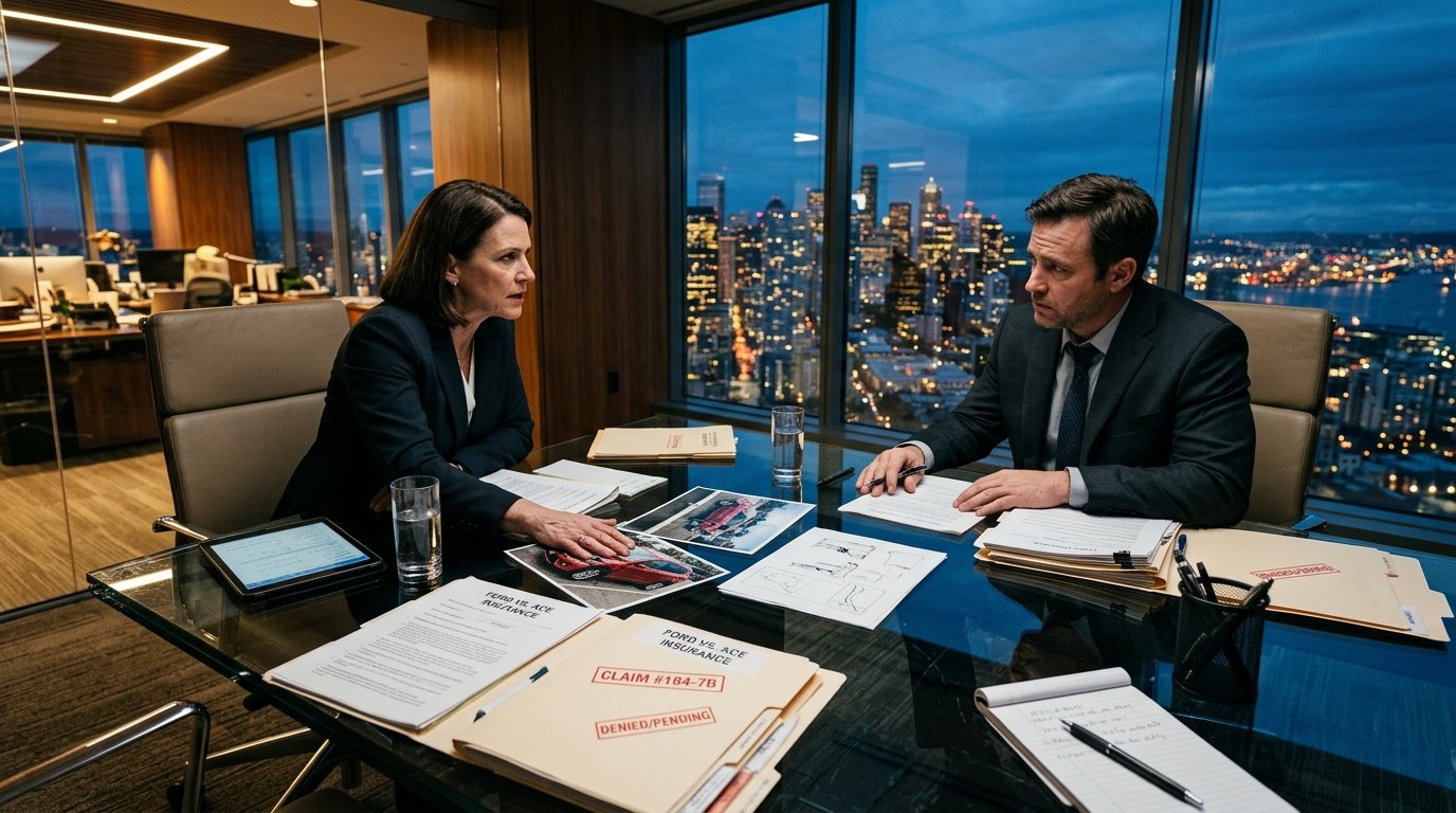 Trial attorney and corporate insurance claims adjuster reviewing auto accident claim files across conference table