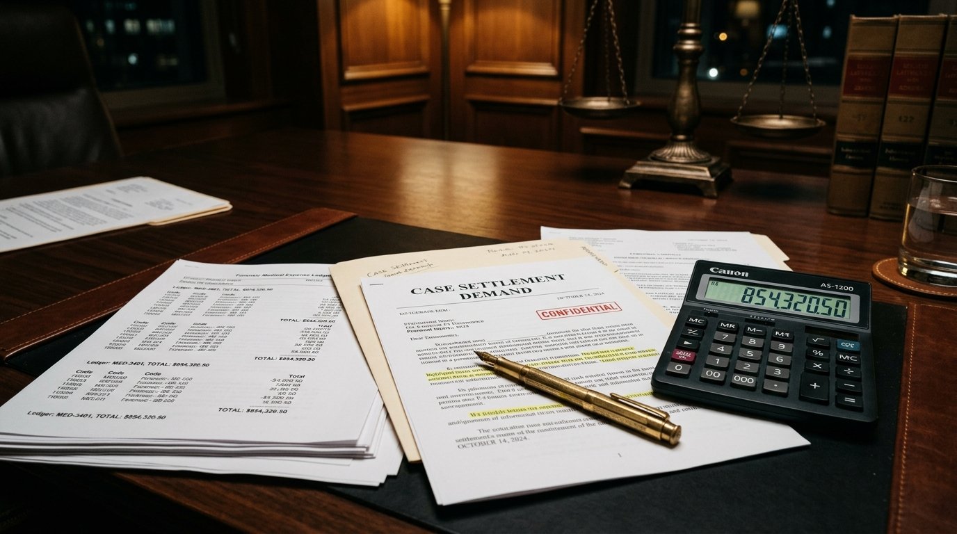Personal injury settlement demand documents, medical damages ledger, calculator, and scales of justice