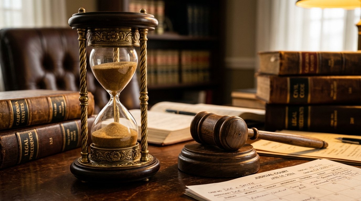 Antique brass hourglass running out of sand next to judge gavel and court calendar docket